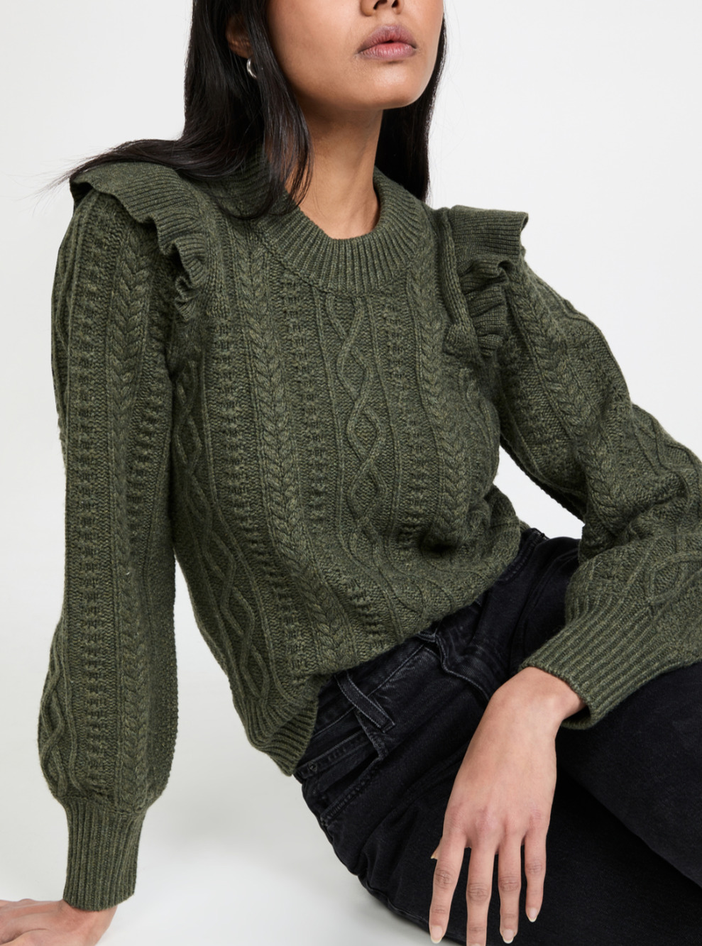 New Madewell Hollydene green cable knit ruffled sweater Size M Boho Preppy